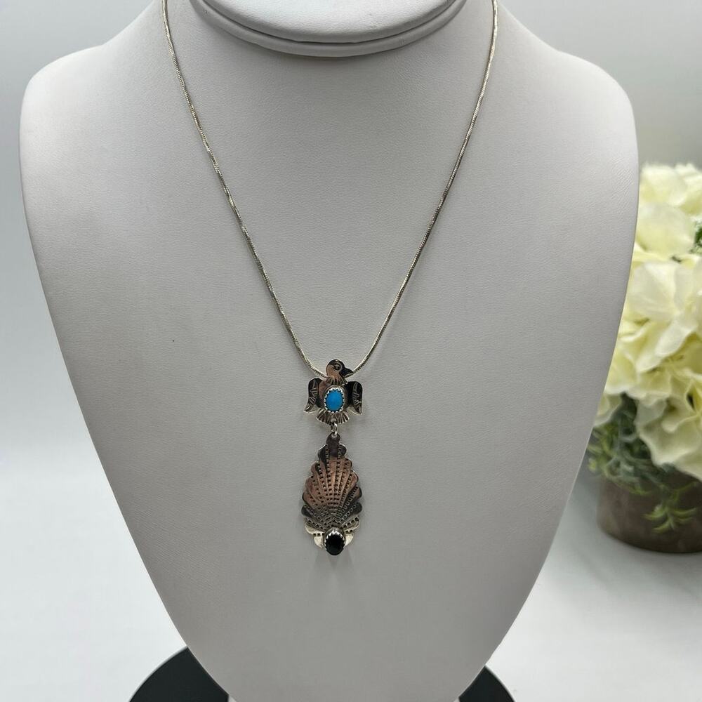 Vintage Native American  Sterling Thunderbird Pendant‎ Necklace Turquoise Onyx